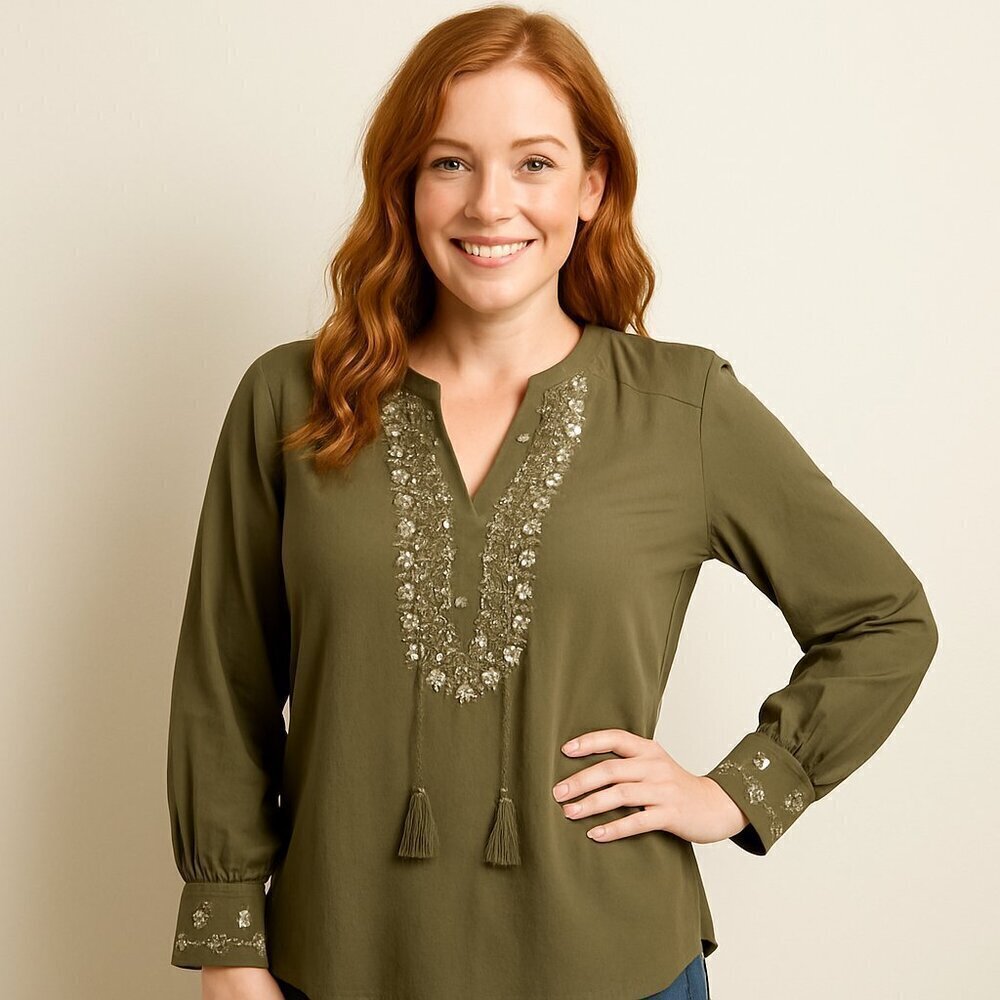 Chicos Olive Green Embroidered Long Sleeve Tunic Size 1